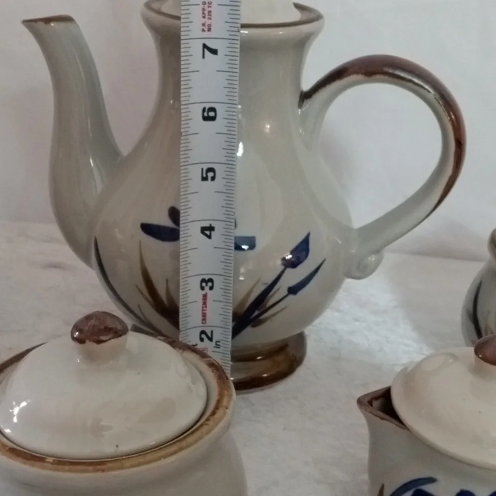 Vintage Japanese Blue Lotus Stoneware Coffee & Tea Set 12 Pc